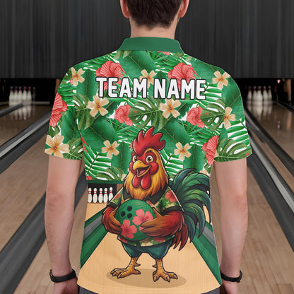 Funny Rooster Green Tropical Flower Bowling Polo 1/4-Zip Shirts For Men Custom Bowling Team Jersey NYN4195