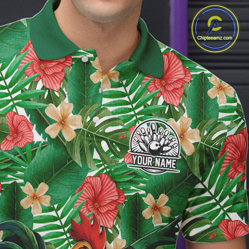 Funny Rooster Green Tropical Flower Bowling Polo 1/4-Zip Shirts For Men Custom Bowling Team Jersey NYN4195