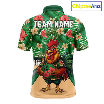 Funny Rooster Green Tropical Flower Bowling Polo 1/4-Zip Shirts For Men Custom Bowling Team Jersey NYN4195