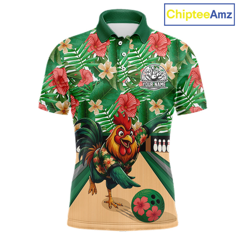 Funny Rooster Green Tropical Flower Bowling Polo 1/4-Zip Shirts For Men Custom Bowling Team Jersey NYN4195