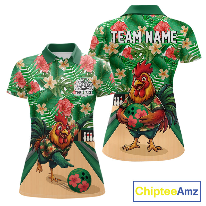 Funny Rooster Green Tropical Flower Bowling Polo 1/4-Zip Shirts For Women Custom Bowling Team Jersey NYN4195