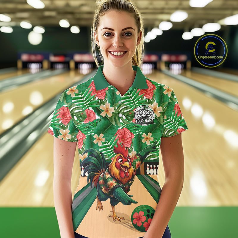 Funny Rooster Green Tropical Flower Bowling Polo 1/4-Zip Shirts For Women Custom Bowling Team Jersey NYN4195