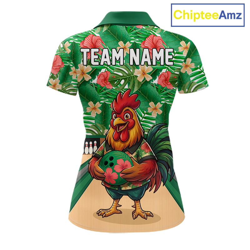 Funny Rooster Green Tropical Flower Bowling Polo 1/4-Zip Shirts For Women Custom Bowling Team Jersey NYN4195
