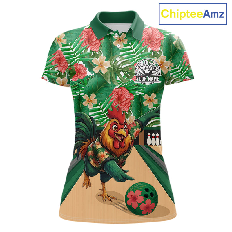 Funny Rooster Green Tropical Flower Bowling Polo 1/4-Zip Shirts For Women Custom Bowling Team Jersey NYN4195