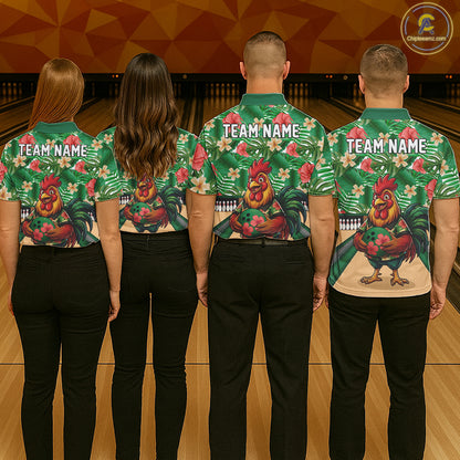 Funny Rooster Green Tropical Flower Bowling Polo 1/4-Zip Shirts For Men Custom Bowling Team Jersey NYN4195