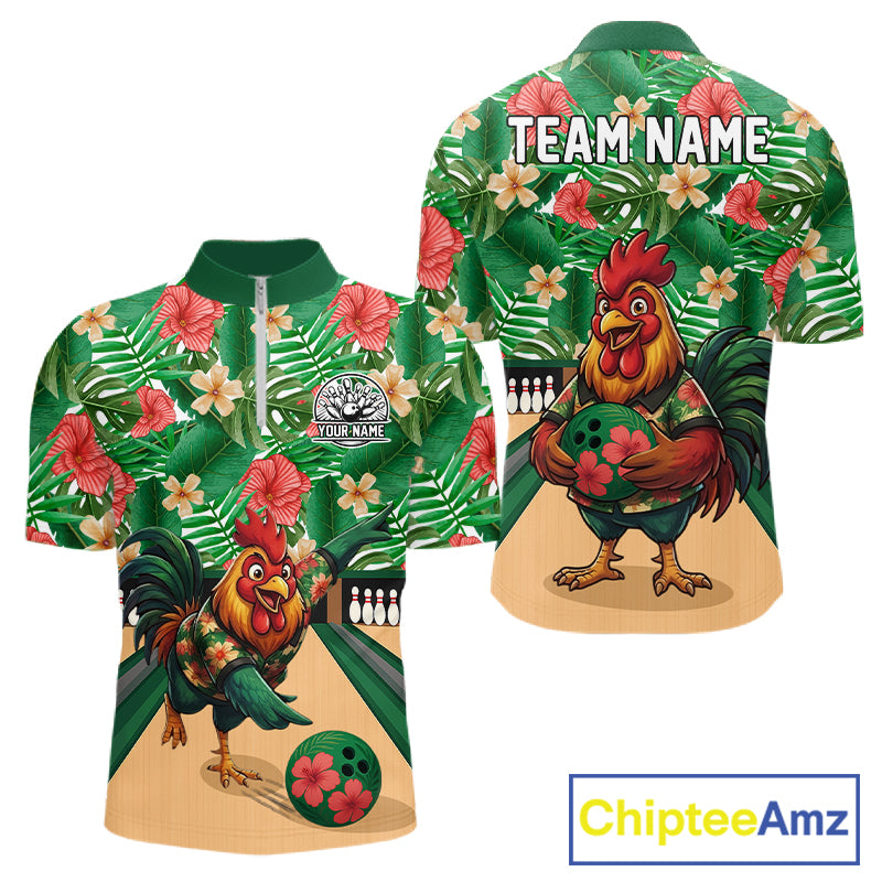 Funny Rooster Green Tropical Flower Bowling Polo 1/4-Zip Shirts For Men Custom Bowling Team Jersey NYN4195