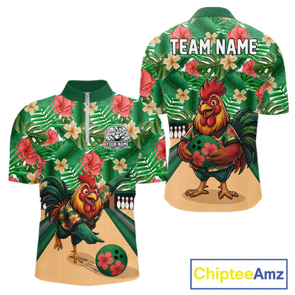 Funny Rooster Green Tropical Flower Bowling Polo 1/4-Zip Shirts For Men Custom Bowling Team Jersey NYN4195