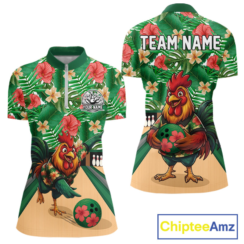 Funny Rooster Green Tropical Flower Bowling Polo 1/4-Zip Shirts For Women Custom Bowling Team Jersey NYN4195