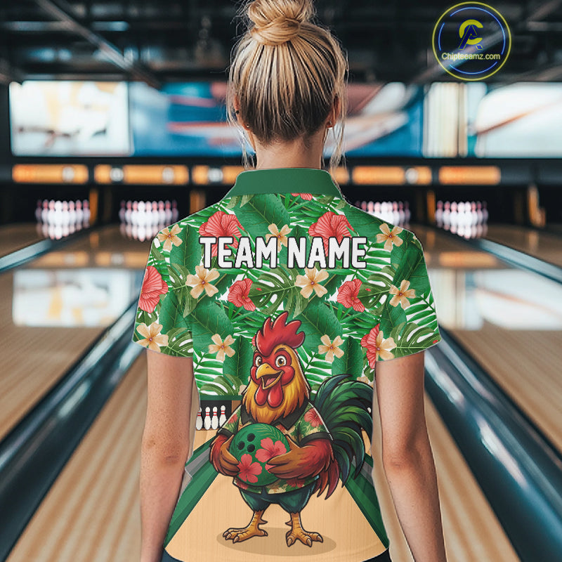 Funny Rooster Green Tropical Flower Bowling Polo 1/4-Zip Shirts For Women Custom Bowling Team Jersey NYN4195