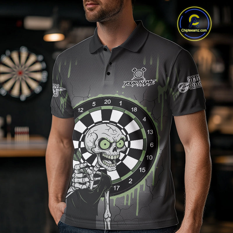 Custom Grey & Green Dartboard Funny Skeleton Dart Men Polo Jerseys Dart Team Shirts NYN1752