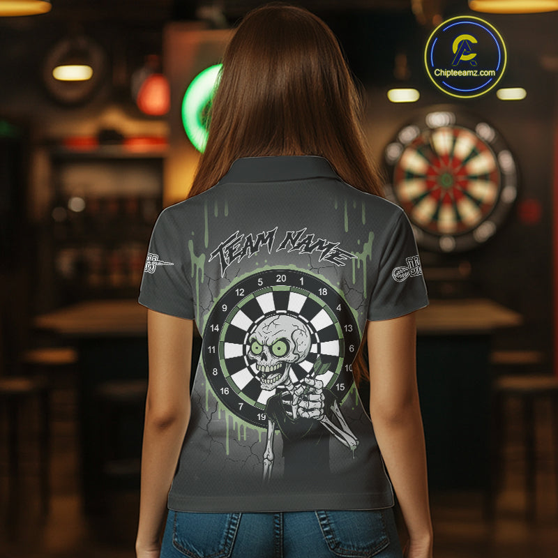 Custom Grey & Green Dartboard Funny Skeleton Dart Women Polo Jerseys Dart Team Shirts NYN1752