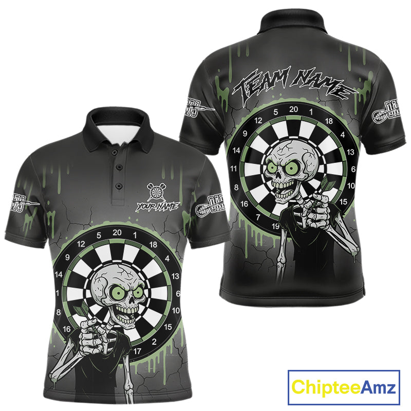 Custom Grey & Green Dartboard Funny Skeleton Dart Men Polo Jerseys Dart Team Shirts NYN1752