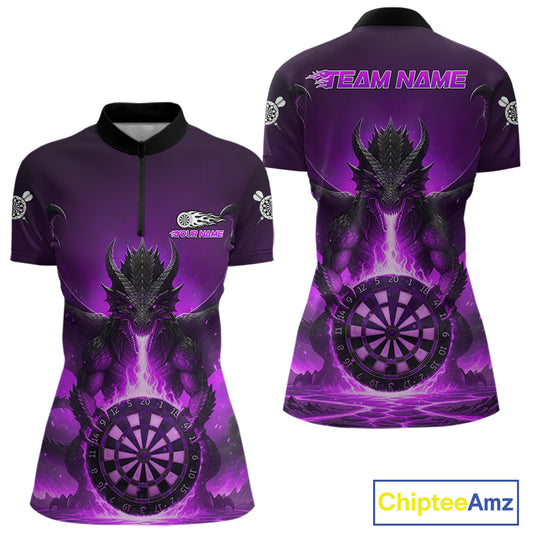 Fire Flame Dragon Purple Darts Custom Women 1/4-Zip Darts Jersey Flaming Darts League Shirt NYN2041