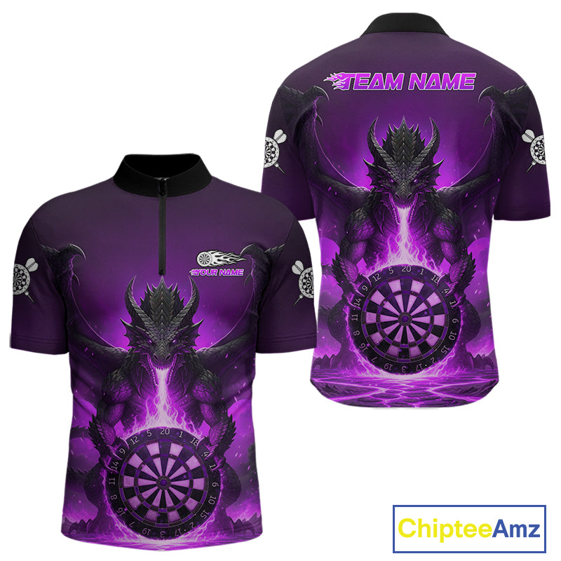 Fire Flame Dragon Purple Darts Custom Men 1/4-Zip Darts Jersey Flaming Darts League Shirt NYN2041