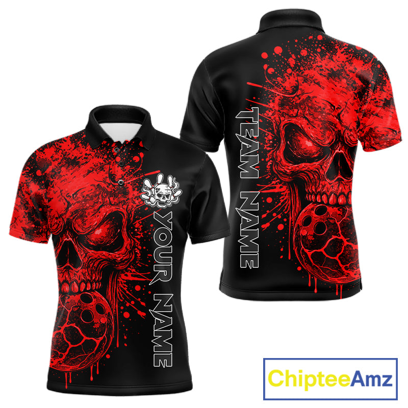 Red Skull Bowling Jerseys Bowling Polo, 1/4 Zip Shirt Custom Bowling Team Shirt For Men Bowlers NYN4646