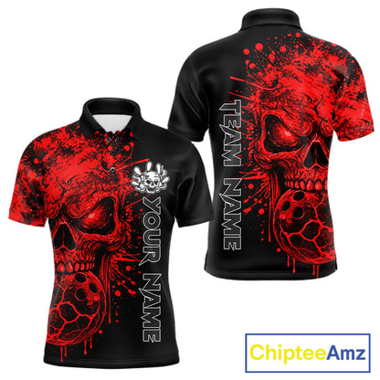 Red Skull Bowling Jerseys Bowling Polo, 1/4 Zip Shirt Custom Bowling Team Shirt For Men Bowlers NYN4646