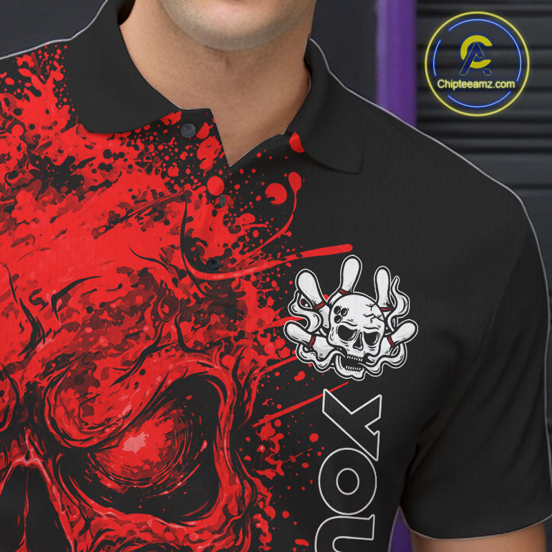 Red Skull Bowling Jerseys Bowling Polo, 1/4 Zip Shirt Custom Bowling Team Shirt For Men Bowlers NYN4646