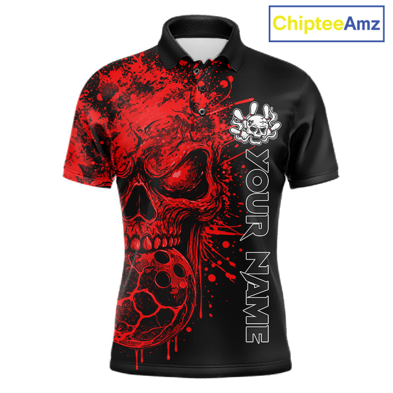 Red Skull Bowling Jerseys Bowling Polo, 1/4 Zip Shirt Custom Bowling Team Shirt For Men Bowlers NYN4646