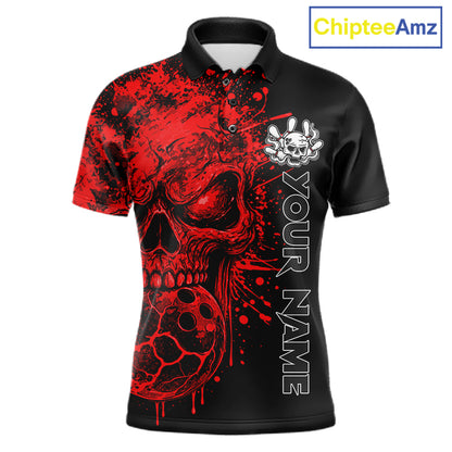 Red Skull Bowling Jerseys Bowling Polo, 1/4 Zip Shirt Custom Bowling Team Shirt For Men Bowlers NYN4646