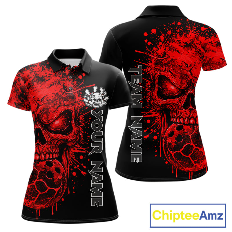 Red Skull Bowling Jerseys Bowling Polo, 1/4 Zip Shirt Custom Bowling Team Shirt For Women Bowlers NYN4646