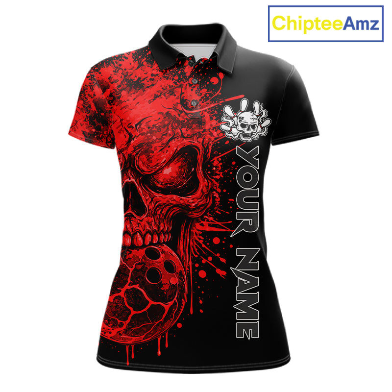 Red Skull Bowling Jerseys Bowling Polo, 1/4 Zip Shirt Custom Bowling Team Shirt For Women Bowlers NYN4646