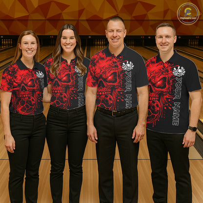 Red Skull Bowling Jerseys Bowling Polo, 1/4 Zip Shirt Custom Bowling Team Shirt For Men Bowlers NYN4646