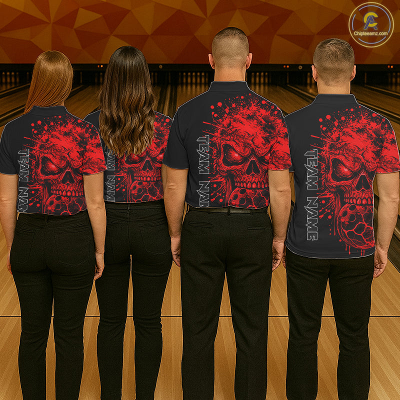 Red Skull Bowling Jerseys Bowling Polo, 1/4 Zip Shirt Custom Bowling Team Shirt For Men Bowlers NYN4646