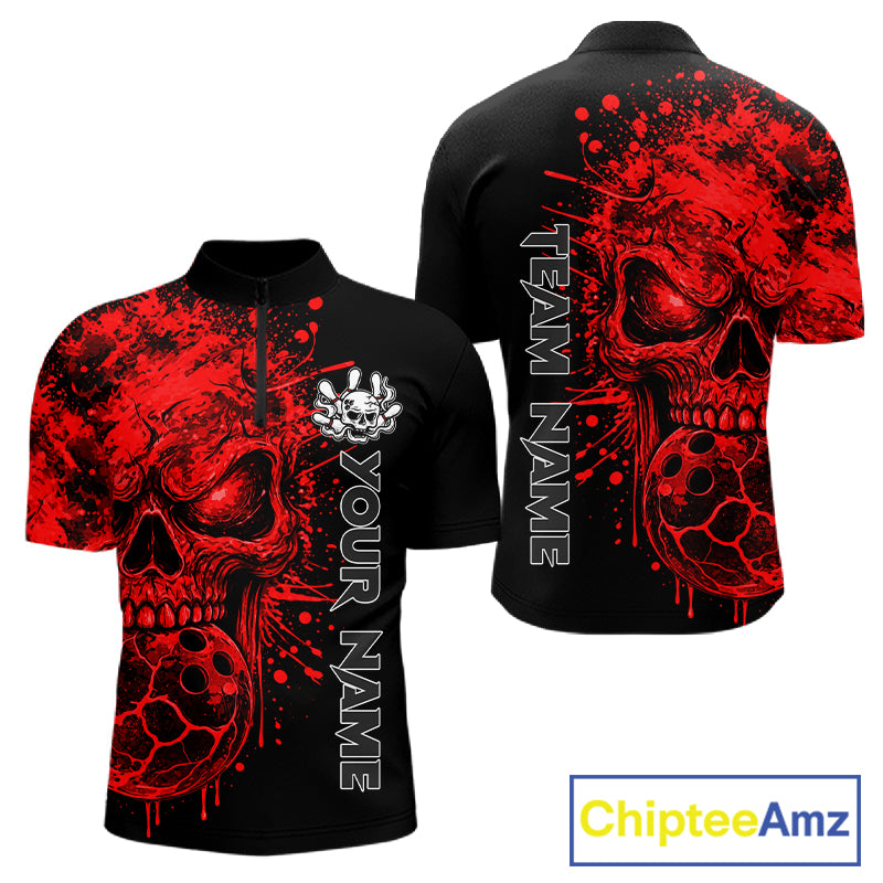 Red Skull Bowling Jerseys Bowling Polo, 1/4 Zip Shirt Custom Bowling Team Shirt For Men Bowlers NYN4646