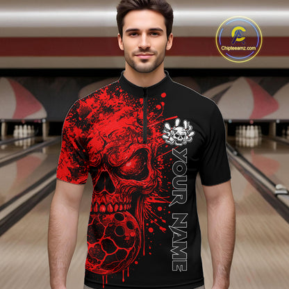 Red Skull Bowling Jerseys Bowling Polo, 1/4 Zip Shirt Custom Bowling Team Shirt For Men Bowlers NYN4646