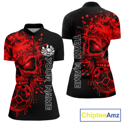 Red Skull Bowling Jerseys Bowling Polo, 1/4 Zip Shirt Custom Bowling Team Shirt For Women Bowlers NYN4646