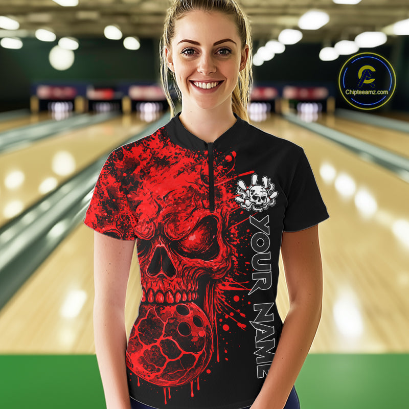 Red Skull Bowling Jerseys Bowling Polo, 1/4 Zip Shirt Custom Bowling Team Shirt For Women Bowlers NYN4646