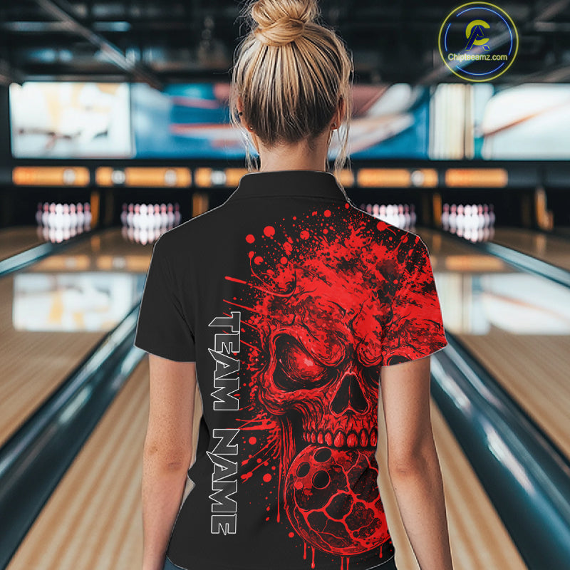 Red Skull Bowling Jerseys Bowling Polo, 1/4 Zip Shirt Custom Bowling Team Shirt For Women Bowlers NYN4646