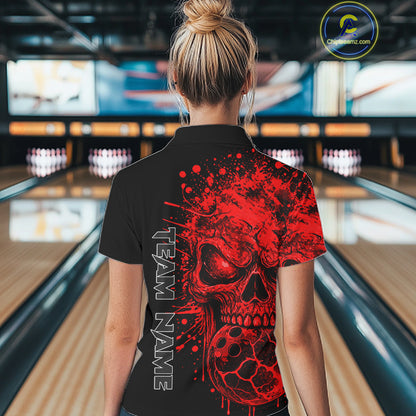 Red Skull Bowling Jerseys Bowling Polo, 1/4 Zip Shirt Custom Bowling Team Shirt For Women Bowlers NYN4646