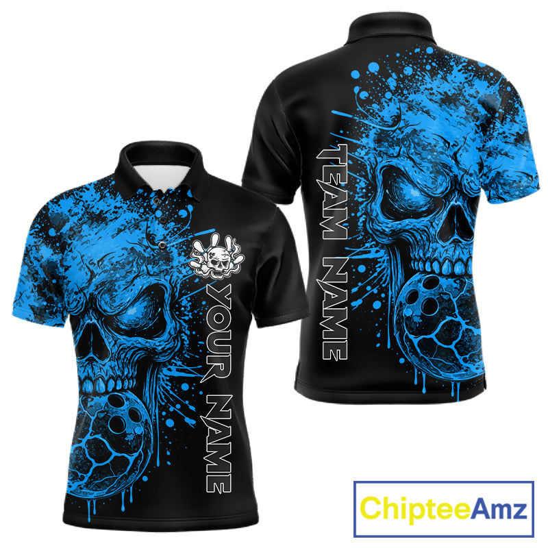 Blue Skull Bowling Jerseys Bowling Polo, 1/4 Zip Shirt Custom Bowling Team Shirt For Men Bowlers NYN4647