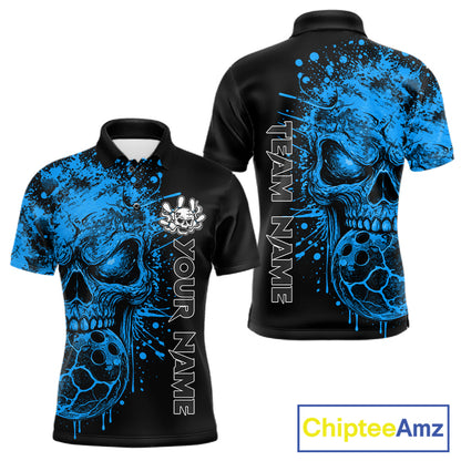 Blue Skull Bowling Jerseys Bowling Polo, 1/4 Zip Shirt Custom Bowling Team Shirt For Men Bowlers NYN4647