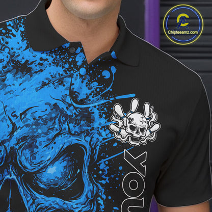 Blue Skull Bowling Jerseys Bowling Polo, 1/4 Zip Shirt Custom Bowling Team Shirt For Men Bowlers NYN4647