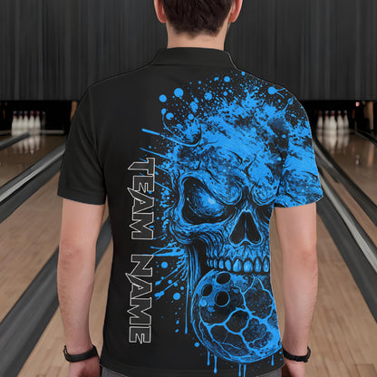 Blue Skull Bowling Jerseys Bowling Polo, 1/4 Zip Shirt Custom Bowling Team Shirt For Men Bowlers NYN4647