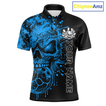 Blue Skull Bowling Jerseys Bowling Polo, 1/4 Zip Shirt Custom Bowling Team Shirt For Men Bowlers NYN4647