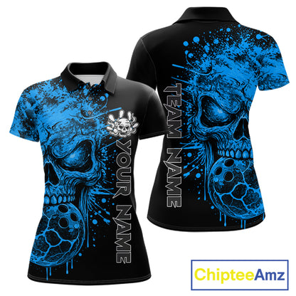 Blue Skull Bowling Jerseys Bowling Polo, 1/4 Zip Shirt Custom Bowling Team Shirt For Women Bowlers NYN4647