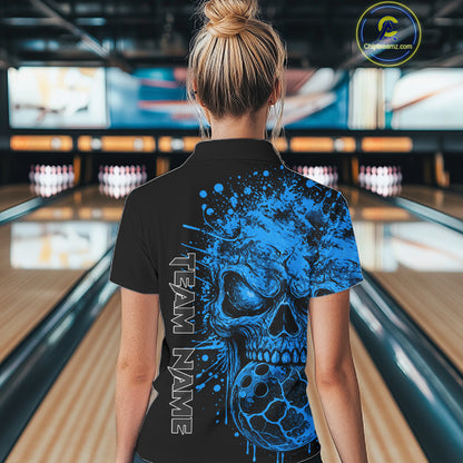 Blue Skull Bowling Jerseys Bowling Polo, 1/4 Zip Shirt Custom Bowling Team Shirt For Women Bowlers NYN4647