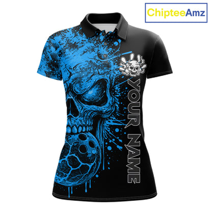 Blue Skull Bowling Jerseys Bowling Polo, 1/4 Zip Shirt Custom Bowling Team Shirt For Women Bowlers NYN4647