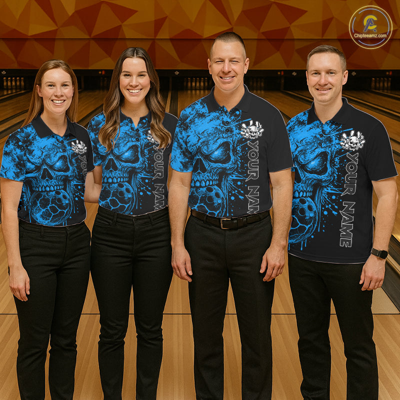 Blue Skull Bowling Jerseys Bowling Polo, 1/4 Zip Shirt Custom Bowling Team Shirt For Women Bowlers NYN4647