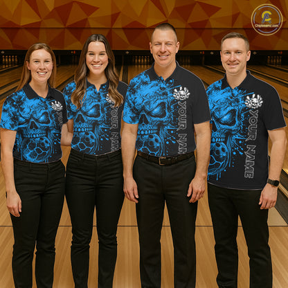 Blue Skull Bowling Jerseys Bowling Polo, 1/4 Zip Shirt Custom Bowling Team Shirt For Women Bowlers NYN4647