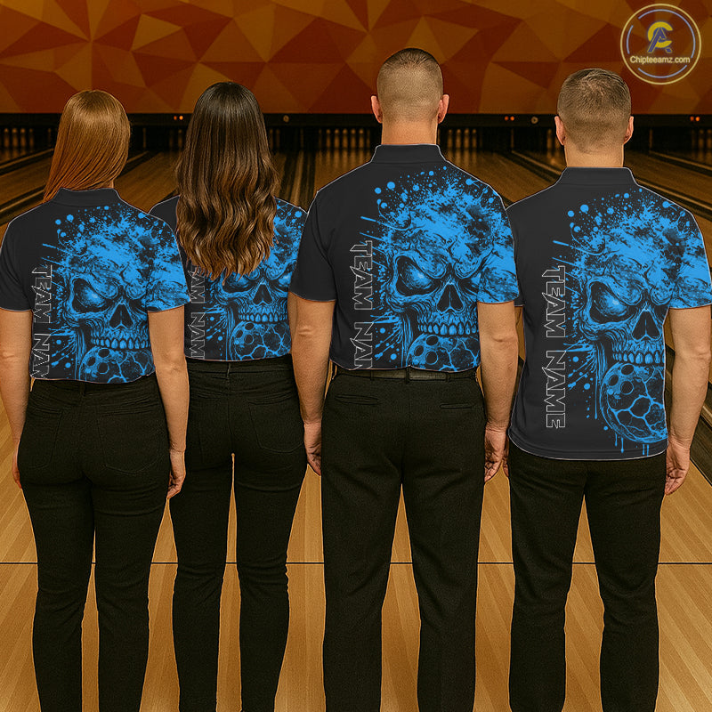 Blue Skull Bowling Jerseys Bowling Polo, 1/4 Zip Shirt Custom Bowling Team Shirt For Men Bowlers NYN4647