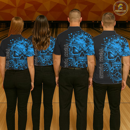 Blue Skull Bowling Jerseys Bowling Polo, 1/4 Zip Shirt Custom Bowling Team Shirt For Men Bowlers NYN4647