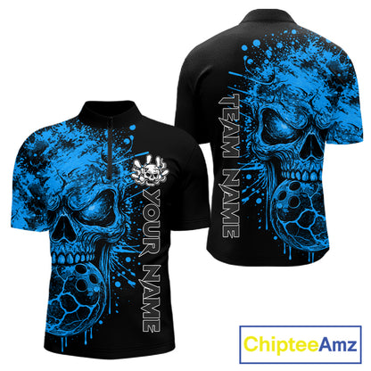 Blue Skull Bowling Jerseys Bowling Polo, 1/4 Zip Shirt Custom Bowling Team Shirt For Men Bowlers NYN4647