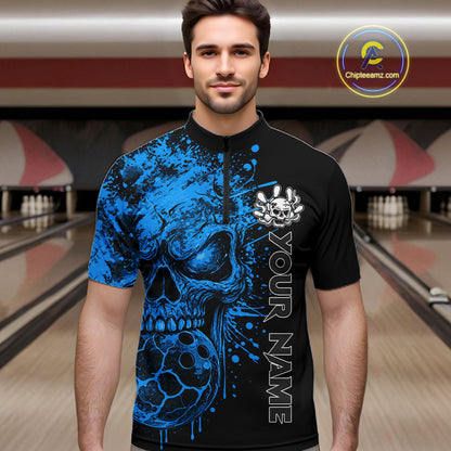 Blue Skull Bowling Jerseys Bowling Polo, 1/4 Zip Shirt Custom Bowling Team Shirt For Men Bowlers NYN4647