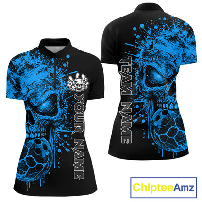 Blue Skull Bowling Jerseys Bowling Polo, 1/4 Zip Shirt Custom Bowling Team Shirt For Women Bowlers NYN4647