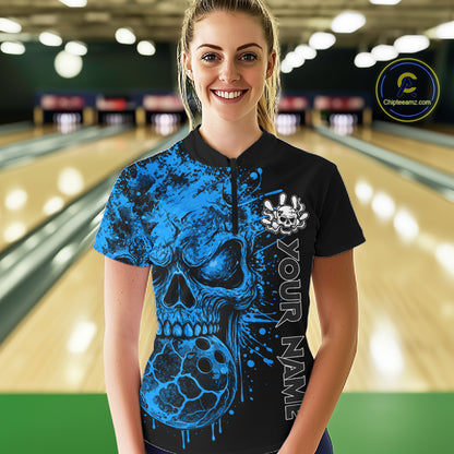 Blue Skull Bowling Jerseys Bowling Polo, 1/4 Zip Shirt Custom Bowling Team Shirt For Women Bowlers NYN4647