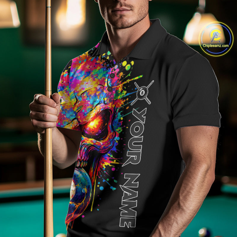 Colorful Splatter Skull 8 Ball Billiard Polo 1/4 Zip Shirt For Men Custom Skull Billiard Team Jersey NYN4648